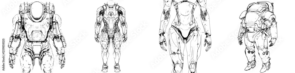 Poster futuristic robotic suits designed for exploration and advanced technology applications in various en