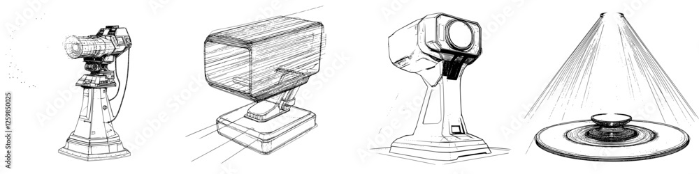Poster detailed sketches of various projector designs showcasing different shapes and features in a minimal