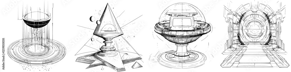 Poster design concepts of futuristic artifacts with geometric shapes and intricate details in a digital sty