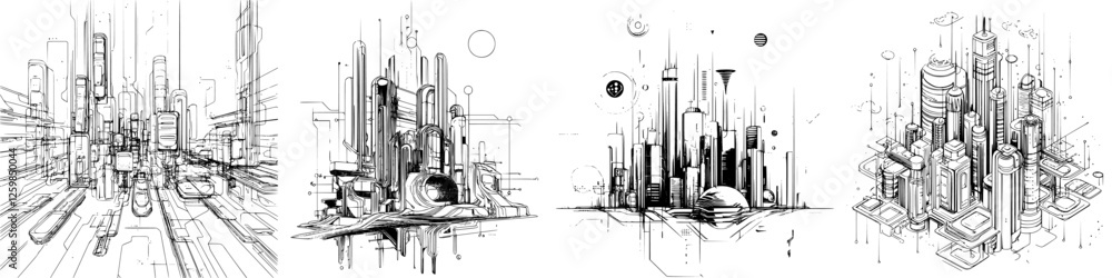 Poster futuristic cityscapes displayed through intricate sketches showcasing towering structures and advanc
