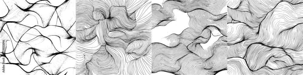 Poster artistic black and white abstract lines intertwined in a creative wave pattern showing fluidity and 