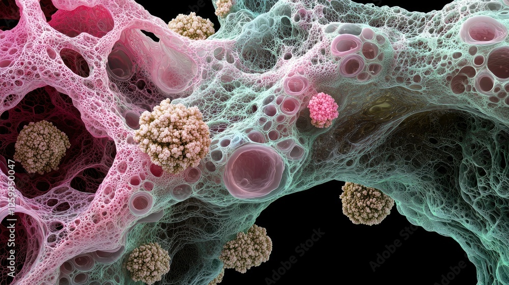 Aufkleber abstract cellular structures and floating microorganisms under extreme close-up scientific imaging.