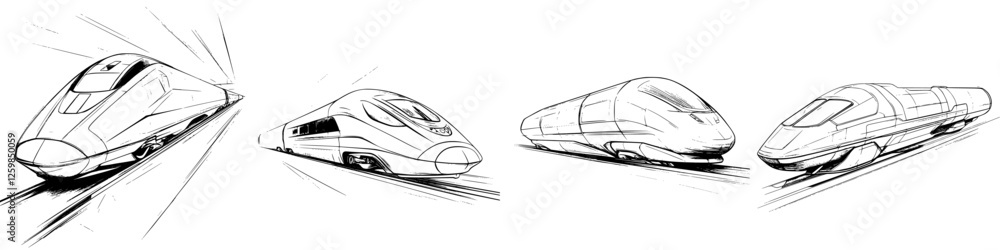 Poster innovative train designs in motion showcasing speed and modern engineering concepts across different