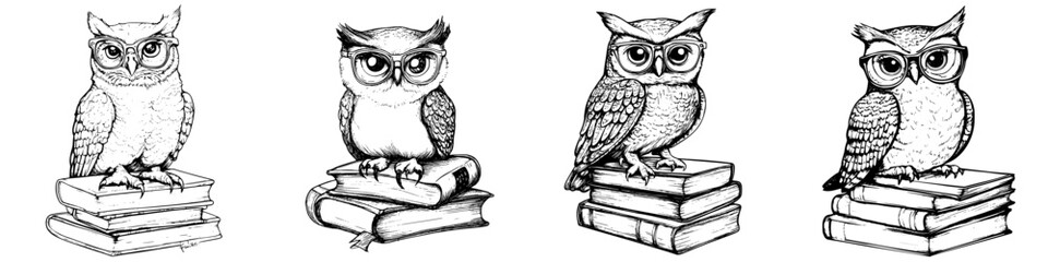 Obraz premium Hand-drawn vector illustration of four owls perched on stacked books in a whimsical, artistic style