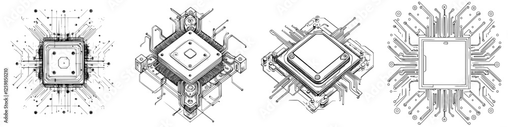 Poster vector illustration showcasing abstract microchips with intricate hand-drawn details and circuit pat