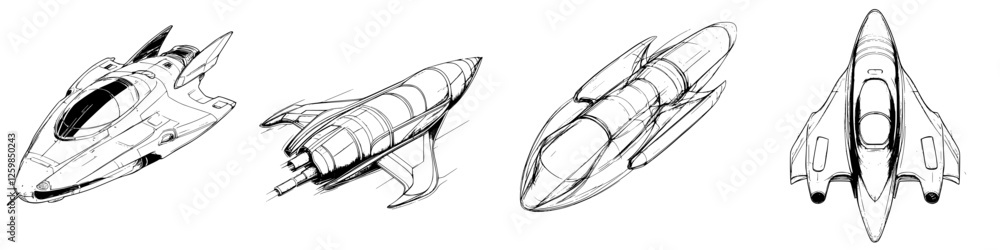Poster futuristic vector sketches of spacecraft designs in hand-drawn style showcasing various concepts and
