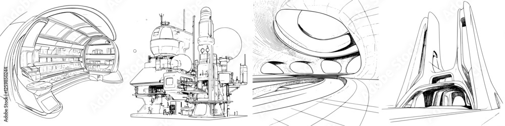 Aufkleber exploring futuristic architecture in hand-drawn vector illustrations showcasing innovative designs a