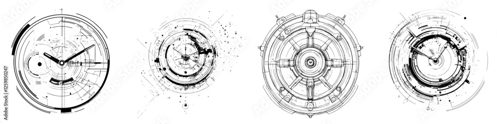 Poster abstract hand-drawn vector illustrations of clocks conveying time and motion in a dynamic artistic s