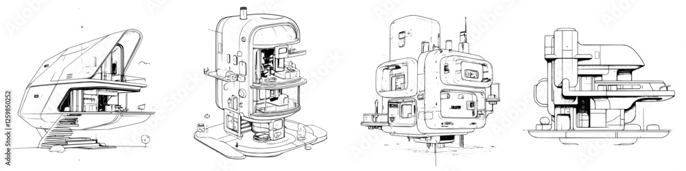 Aufkleber vector hand-drawn illustrations of futuristic architectural designs showcasing unique structures in 