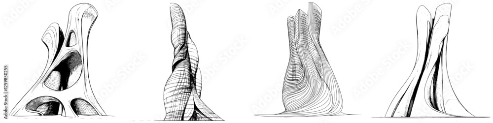 Poster intricate hand-drawn vector illustrations of modern architectural structures showcasing unique desig