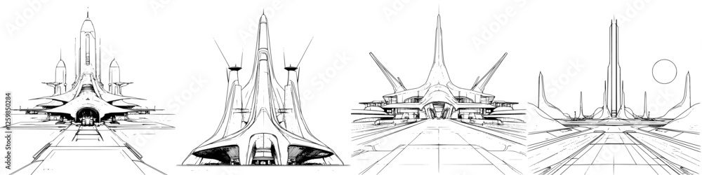 Poster exploring futuristic architecture with hand-drawn vector illustration of advanced spacecraft designs