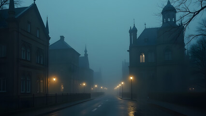 Obraz premium A ominous depiction of fog in a city featuring historic buildings and architectural wonders with nighttime mist and ominous atmospheres.