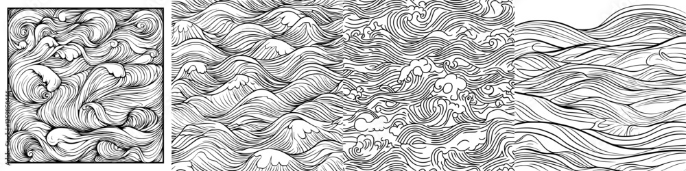 Poster vector illustration of dynamic wave patterns and swirling currents in a hand-drawn style showcasing 