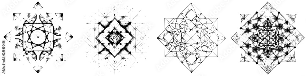 Poster hand-drawn vector illustrations of intricate geometric designs featuring symmetrical patterns and ab