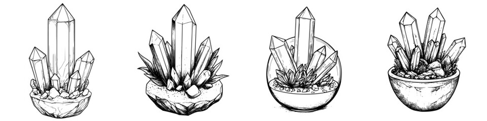 Obraz premium Elegant hand-drawn vector illustration of various crystal formations displayed in unique arrangements and containers
