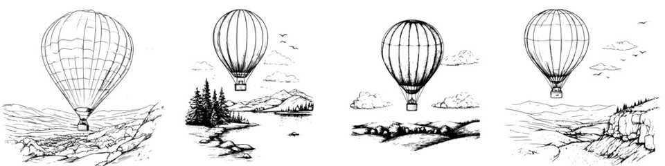 Hand-drawn vector illustration of hot air balloons floating above various natural landscapes at different times of day