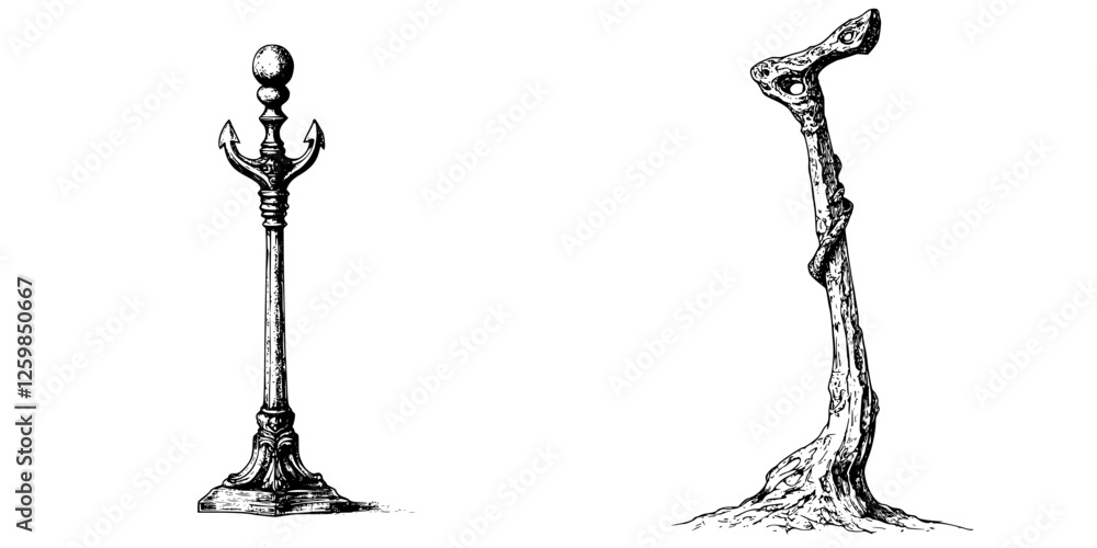 Poster hand-drawn vector illustrations of a coat rack and a stick, showcasing distinct styles and textures 