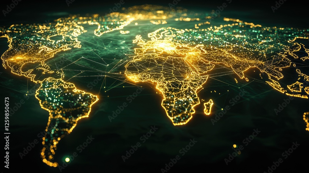 Poster abstract digital world map glowing with cyber connectivity and security protection layers.