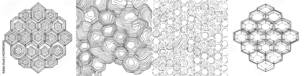Poster complex hand-drawn vector illustration of abstract honeycomb patterns showcasing intricate designs a