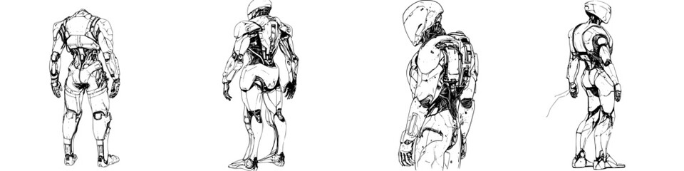 Vector illustration of a futuristic humanoid robot in a hand-drawn style showcasing various perspectives