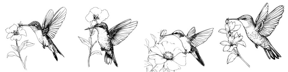 Obraz premium Colorful hummingbirds feeding on vibrant flowers in a hand-drawn vector illustration style capturing nature's beauty and delicacy