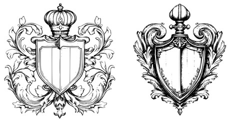 Vector illustration of ornate heraldic shields with decorative flourishes in a hand-drawn style