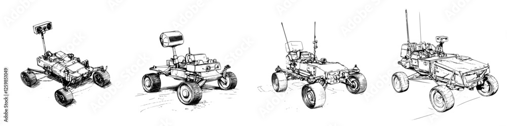 Poster vector illustration of hand-drawn robotic vehicles exploring a rugged terrain in a futuristic settin