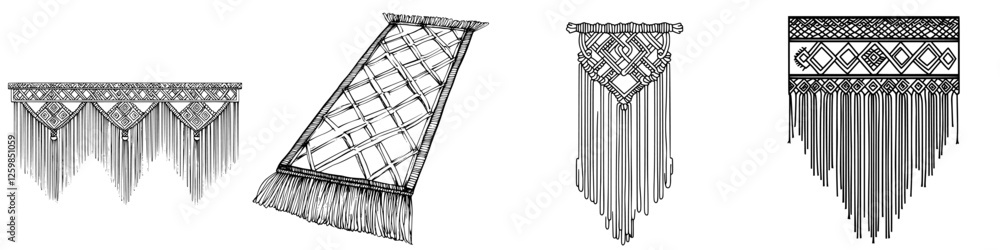 Poster hand-drawn vector illustration of decorative macrame wall hangings in various styles showcasing intr