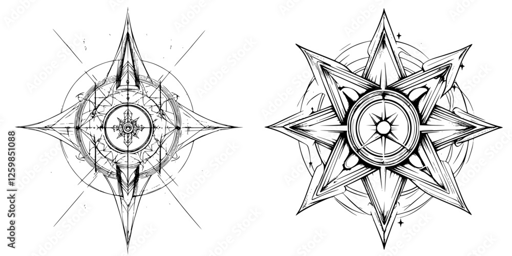 Poster vector hand-drawn compass designs featuring intricate patterns and symmetrical shapes for navigation