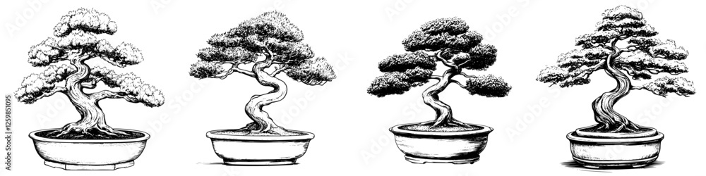 Poster bonsai trees displayed in various styles showcasing intricate hand-drawn vector illustration techniq