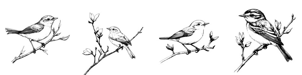 Obraz premium Vector illustration of four hand-drawn birds perched on branches in a natural setting