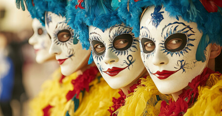 Obraz premium Three dancers in striking costumes and feathered headpieces stand side by side at Rio Carnival, their white masks revealing different expressions, framed by a blur of festive colors in the background.