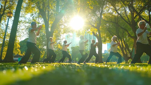 A group of seniors engages in a synchronized Tai Chi session in a green urban park during early morning. The sunlight filtering through the trees creates a warm and serene atmosphere