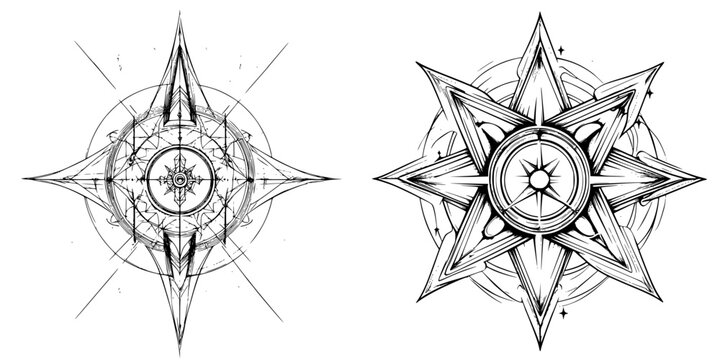 Vector hand-drawn compass designs featuring intricate patterns and symmetrical shapes for navigation and exploration themes