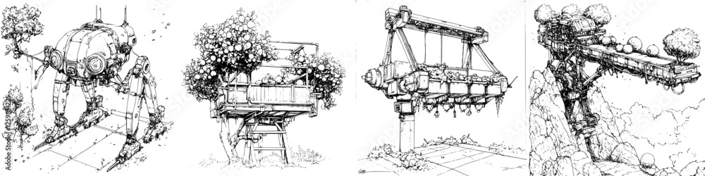 Poster exploring a futuristic landscape with hand-drawn mechanical structures and vibrant greenery in a whi
