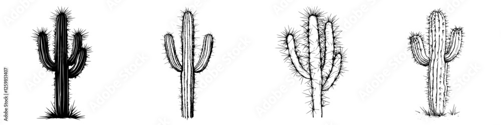 Poster cacti collection in hand-drawn vector style showcasing diverse shapes and textures against a plain b