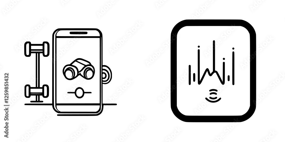 Poster vector illustration of a smartphone app with car features and sound wave visualization in a hand-dra