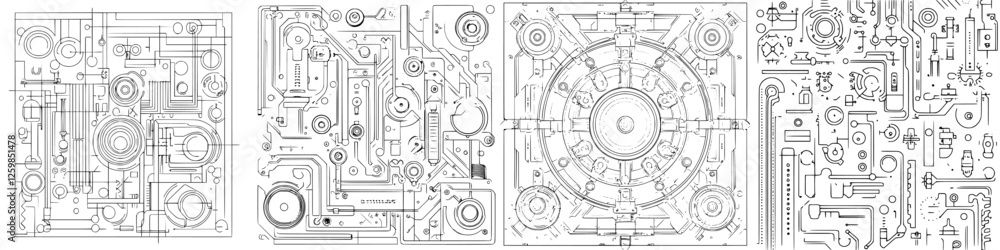 Poster vector illustration of detailed mechanical blueprint design with intricate line work and geometrical