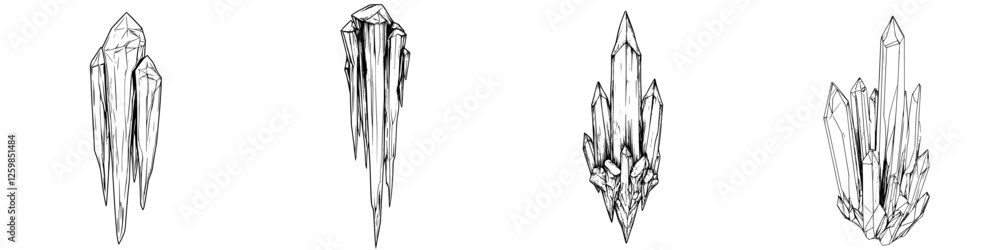 Poster hand-drawn vector illustration of various crystal formations showcasing intricate details and unique