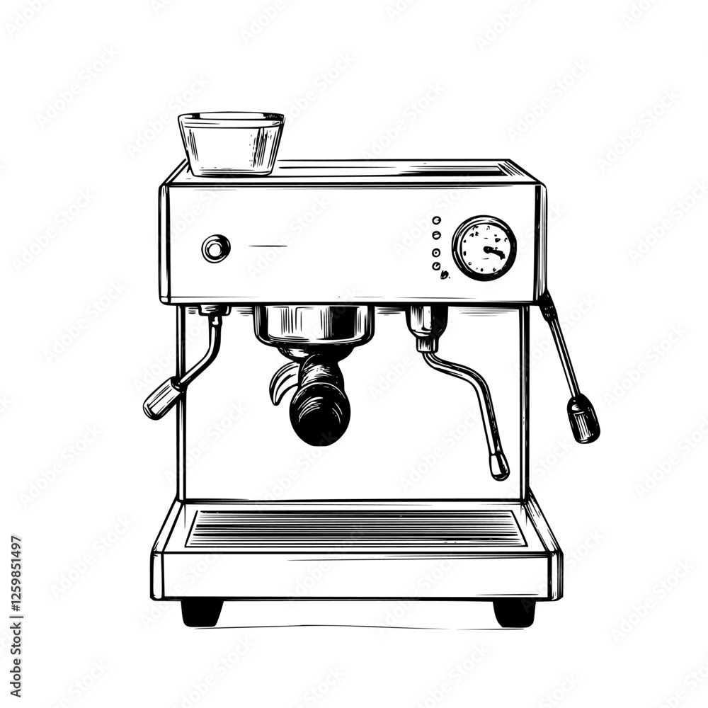 Poster vector illustration of a hand-drawn espresso machine in a minimalist style showing intricate details