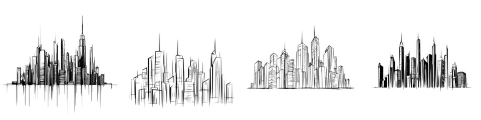 Naklejka premium Hand-drawn vector illustration of urban skyline with modern skyscrapers in a vibrant city landscape