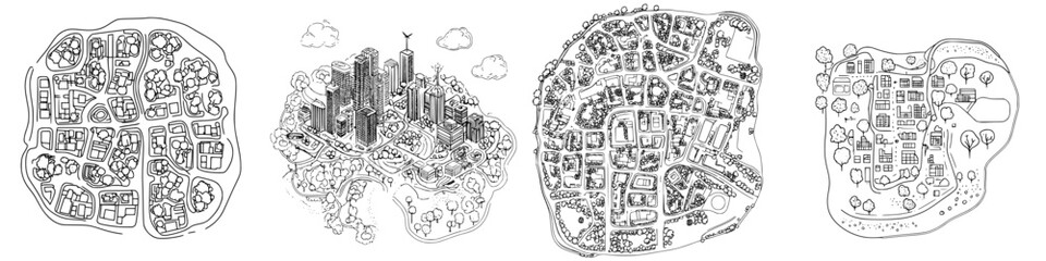 Fototapeta premium Detailed hand-drawn vector illustration showing diverse urban landscapes and community layouts throughout different environments