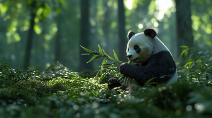Obraz premium A panda bear is eating bamboo in a forest