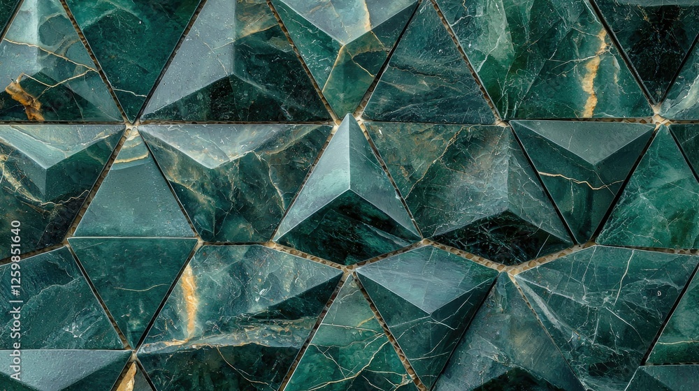 Poster abstract geometric dark green triangular mosaic tiles with fluted textures, adding depth and contras