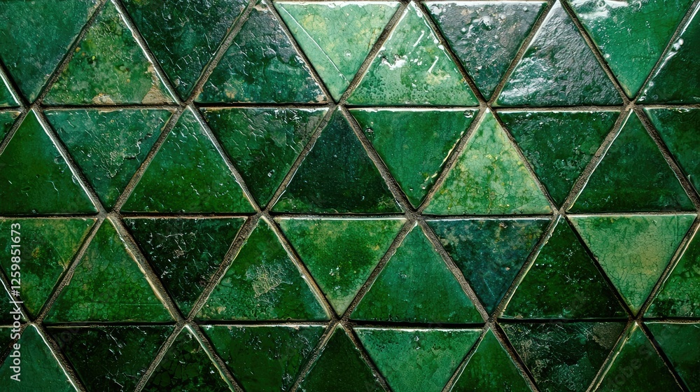 Poster abstract geometric dark green triangular mosaic tiles with fluted textures, adding depth and contras
