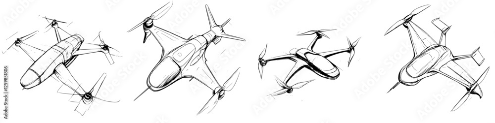 Poster hand-drawn vector illustration of modern drones in various flight positions and angles over a minima