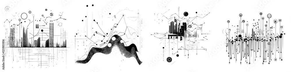 Poster vector illustration featuring hand-drawn abstract cityscapes and geometric patterns in a monochrome 