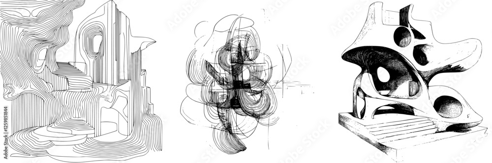 Poster intricate hand-drawn vector illustrations featuring abstract architectural forms and flowing designs
