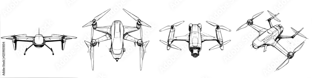 Poster vector illustration of hand-drawn drones in various designs and angles showcasing their unique featu
