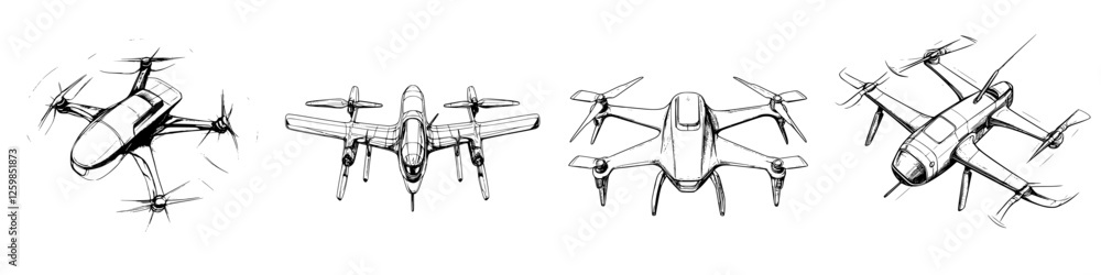 Poster vector illustration of hand-drawn drone designs showcasing different styles and functions in a creat